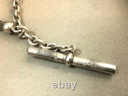 Ancienne chaine de montre à gousset Argent massif oeil de tigre Chatelaine clé