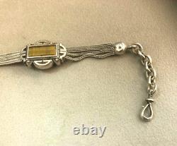 Ancienne chaine de montre à gousset Argent massif oeil de tigre Chatelaine clé
