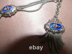 Ancienne chaîne de montre gousset chatelaine argent & émail bleu décor de roses