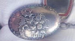 Ancienne chatelaine en argent massif miroir XIX eme Collier Medaillon Miroir