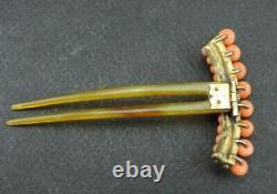 Ancienne peigne pic à cheveux en argent vermeil corail et corne XIXe siècle