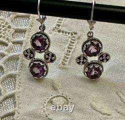 Anciennes Boucles D'oreilles Argent Massif Améthystes Monture Ouvragée