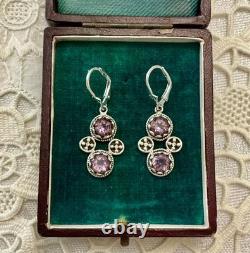Anciennes Boucles D'oreilles Argent Massif Améthystes Monture Ouvragée