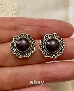 Anciennes Boucles D'oreilles Argent Massif Enorme Perle Grise Naturelle