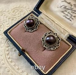 Anciennes Boucles D'oreilles Argent Massif Enorme Perle Grise Naturelle