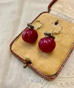 Anciennes Boucles D'oreilles Argent Massif Enorme Rubis Naturel Sculpté