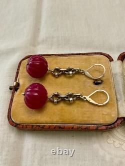 Anciennes Boucles D'oreilles Argent Massif Enorme Rubis Naturel Sculpté