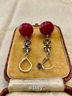 Anciennes Boucles D'oreilles Argent Massif Enorme Rubis Naturel Sculpté