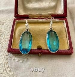Anciennes Boucles D'oreilles Argent Massif Enorme Topaze Bleue Naturelle