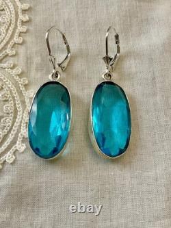 Anciennes Boucles D'oreilles Argent Massif Enorme Topaze Bleue Naturelle