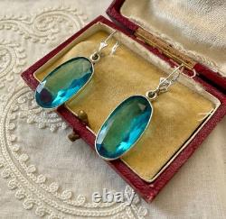 Anciennes Boucles D'oreilles Argent Massif Enorme Topaze Bleue Naturelle