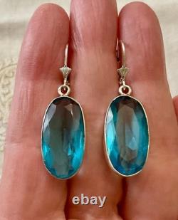 Anciennes Boucles D'oreilles Argent Massif Enorme Topaze Bleue Naturelle