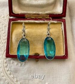 Anciennes Boucles D'oreilles Argent Massif Enorme Topaze Bleue Naturelle