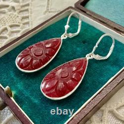 Anciennes Boucles D'oreilles Argent Massif Goutte Cornaline Sculptée