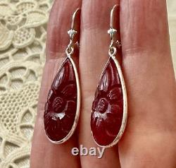 Anciennes Boucles D'oreilles Argent Massif Goutte Cornaline Sculptée