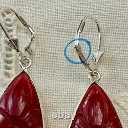 Anciennes Boucles D'oreilles Argent Massif Goutte Cornaline Sculptée