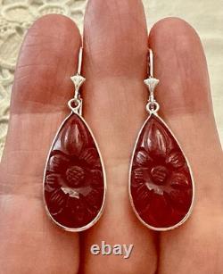 Anciennes Boucles D'oreilles Argent Massif Goutte Cornaline Sculptée