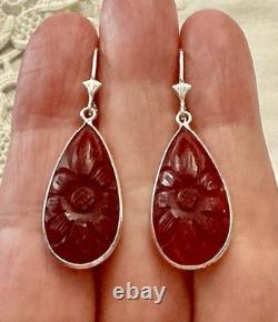 Anciennes Boucles D'oreilles Argent Massif Goutte Cornaline Sculptée