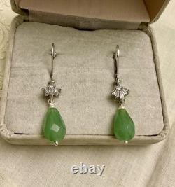Anciennes Boucles D'oreilles Argent Massif Jade Perle Fine Et Topazes Baguettes