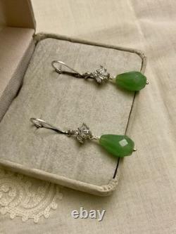 Anciennes Boucles D'oreilles Argent Massif Jade Perle Fine Et Topazes Baguettes