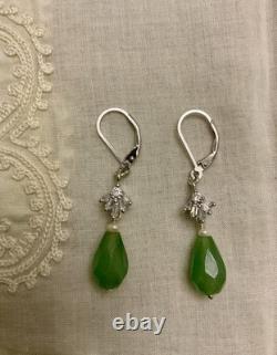 Anciennes Boucles D'oreilles Argent Massif Jade Perle Fine Et Topazes Baguettes
