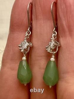 Anciennes Boucles D'oreilles Argent Massif Jade Perle Fine Et Topazes Baguettes