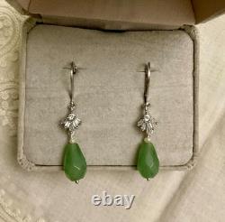 Anciennes Boucles D'oreilles Argent Massif Jade Perle Fine Et Topazes Baguettes