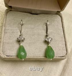 Anciennes Boucles D'oreilles Argent Massif Jade Perle Fine Et Topazes Baguettes Anciennes Boucles D'oreilles Argent Massif Jade Perle Fine Et Topazes Baguettes