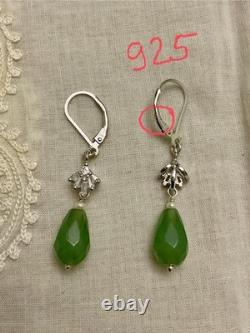 Anciennes Boucles D'oreilles Argent Massif Jade Perle Fine Et Topazes Baguettes
