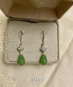 Anciennes Boucles D'oreilles Argent Massif Jade Perle Fine Et Topazes Baguettes