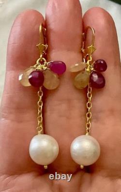 Anciennes Boucles D'oreilles Argent Massif Or Rubis Saphir Jaune Perle