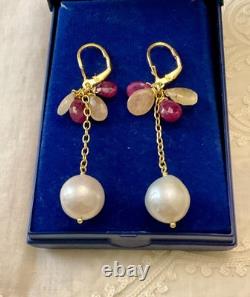 Anciennes Boucles D'oreilles Argent Massif Or Rubis Saphir Jaune Perle