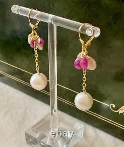 Anciennes Boucles D'oreilles Argent Massif Or Rubis Saphir Jaune Perle