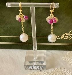 Anciennes Boucles D'oreilles Argent Massif Or Rubis Saphir Jaune Perle