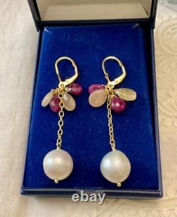 Anciennes Boucles D'oreilles Argent Massif Or Rubis Saphir Jaune Perle