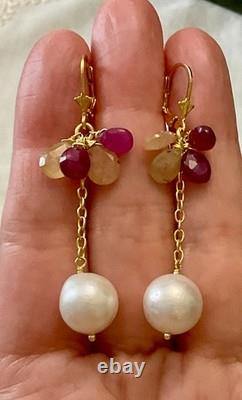 Anciennes Boucles D'oreilles Argent Massif Or Rubis Saphir Jaune Perle
