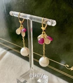 Anciennes Boucles D'oreilles Argent Massif Or Rubis Saphir Jaune Perle
