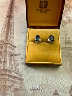 Anciennes Boucles D'oreilles Argent Massif Or Véritable Saphir Bleu 1 Carat