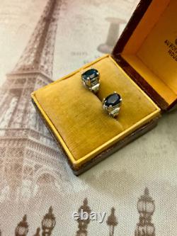 Anciennes Boucles D'oreilles Argent Massif Or Véritable Saphir Bleu 1 Carat