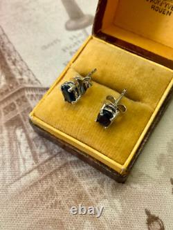 Anciennes Boucles D'oreilles Argent Massif Or Véritable Saphir Bleu 1 Carat