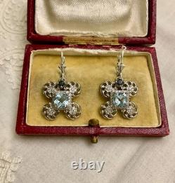 Anciennes Boucles D'oreilles Argent Massif Sublime Topaze Bleue Et Saphir