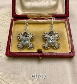 Anciennes Boucles D'oreilles Argent Massif Sublime Topaze Bleue Et Saphir
