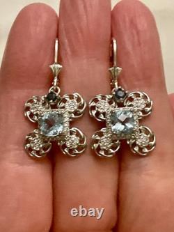 Anciennes Boucles D'oreilles Argent Massif Sublime Topaze Bleue Et Saphir