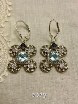 Anciennes Boucles D'oreilles Argent Massif Sublime Topaze Bleue Et Saphir