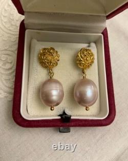 Anciennes Boucles D'oreilles Argent Massif Vermeil Énorme Perle Rose