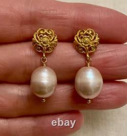 Anciennes Boucles D'oreilles Argent Massif Vermeil Énorme Perle Rose