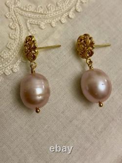Anciennes Boucles D'oreilles Argent Massif Vermeil Énorme Perle Rose