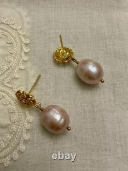 Anciennes Boucles D'oreilles Argent Massif Vermeil Énorme Perle Rose