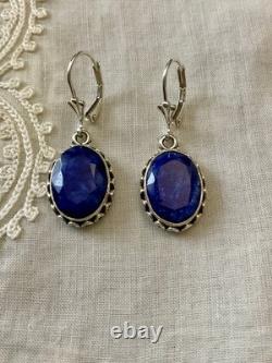 Anciennes Boucles D'oreilles Argent Massif -véritable Saphir Bleu -fleur De Lys