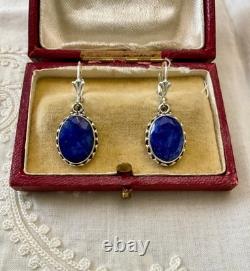 Anciennes Boucles D'oreilles Argent Massif -véritable Saphir Bleu -fleur De Lys